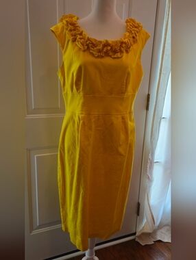 London Times Yellow Ruffle-Neck Midi Dress - Size 12